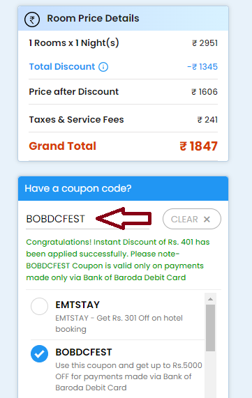 Screenshot of tested coupon for EaseMyTrip