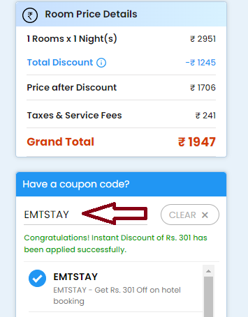 Screenshot of tested coupon for EaseMyTrip