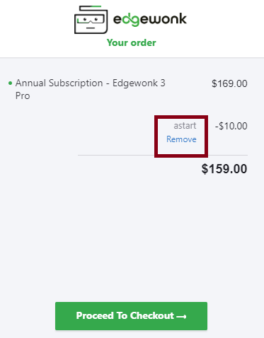 Screenshot of tested coupon for Edgewonk