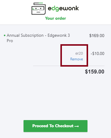 Screenshot of tested coupon for Edgewonk