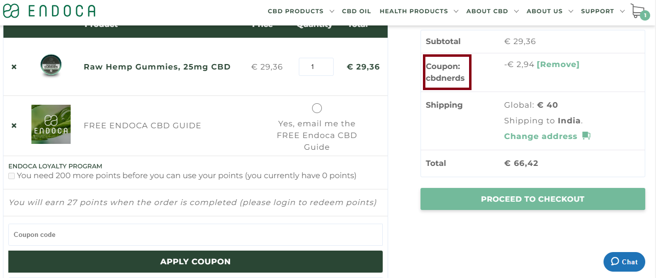 Screenshot of tested coupon for Endoca