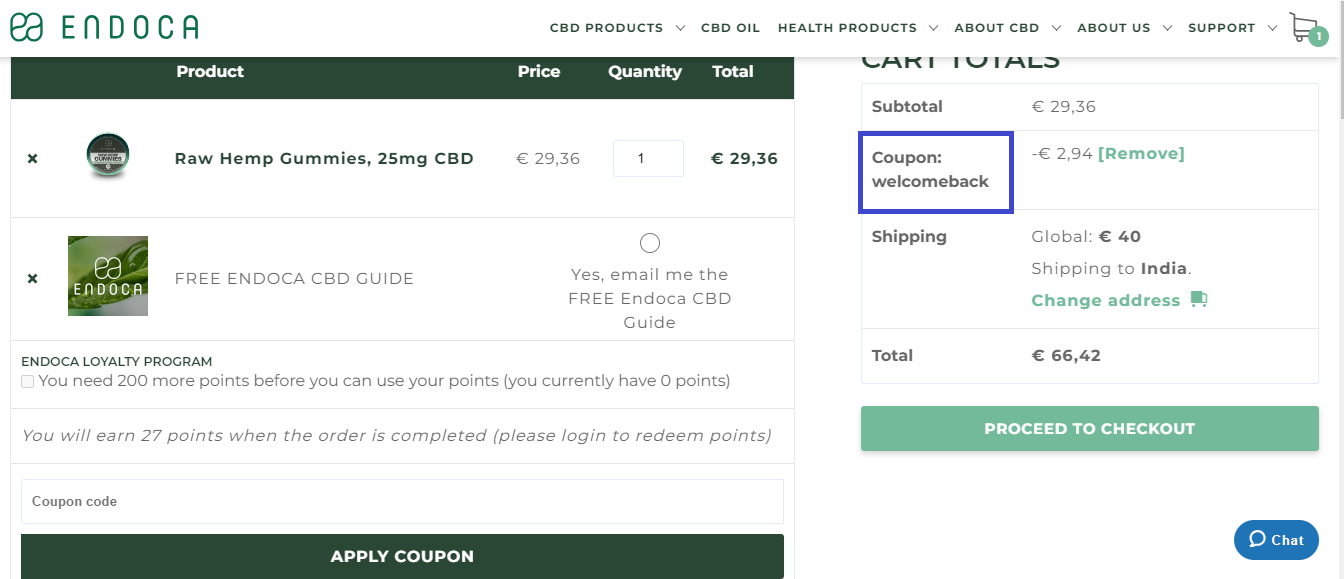 Screenshot of tested coupon for Endoca