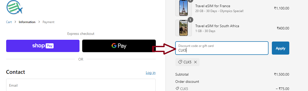 Screenshot of tested coupon for Etravelsim