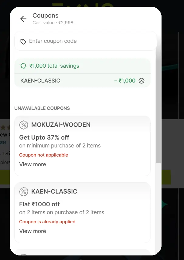 Screenshot of tested coupon for EyewearLabs