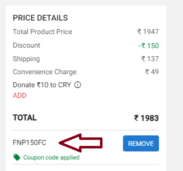 Screenshot of tested coupon for FNP