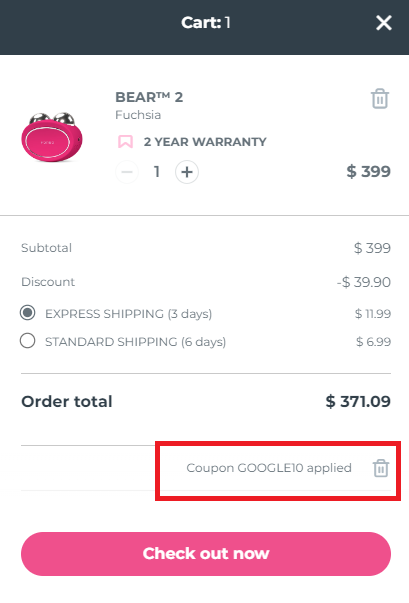 Screenshot of tested coupon for Foreo