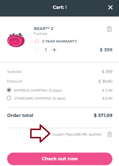 Screenshot of tested coupon for Foreo