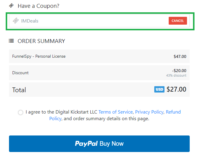 Screenshot of tested coupon for FunnelSpy