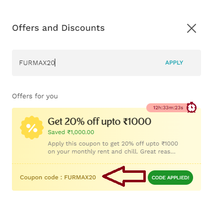 Screenshot of tested coupon for Furlenco