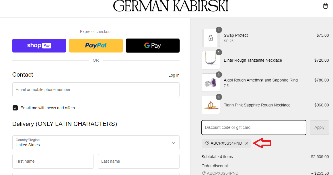 Screenshot of tested coupon for German Kabirski