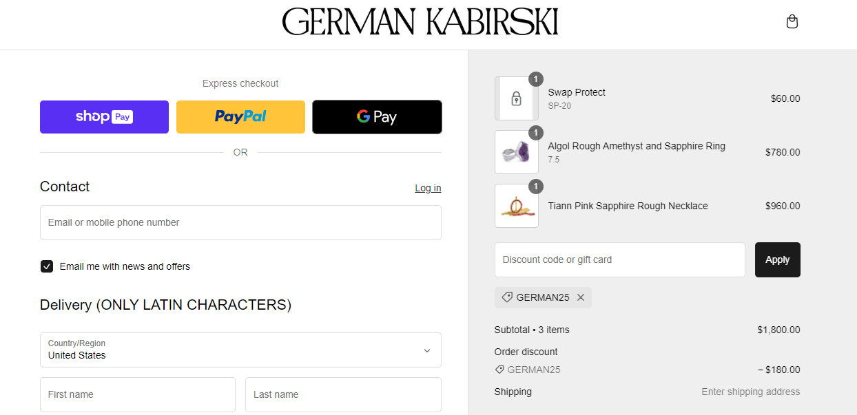 Screenshot of tested coupon for German Kabirski