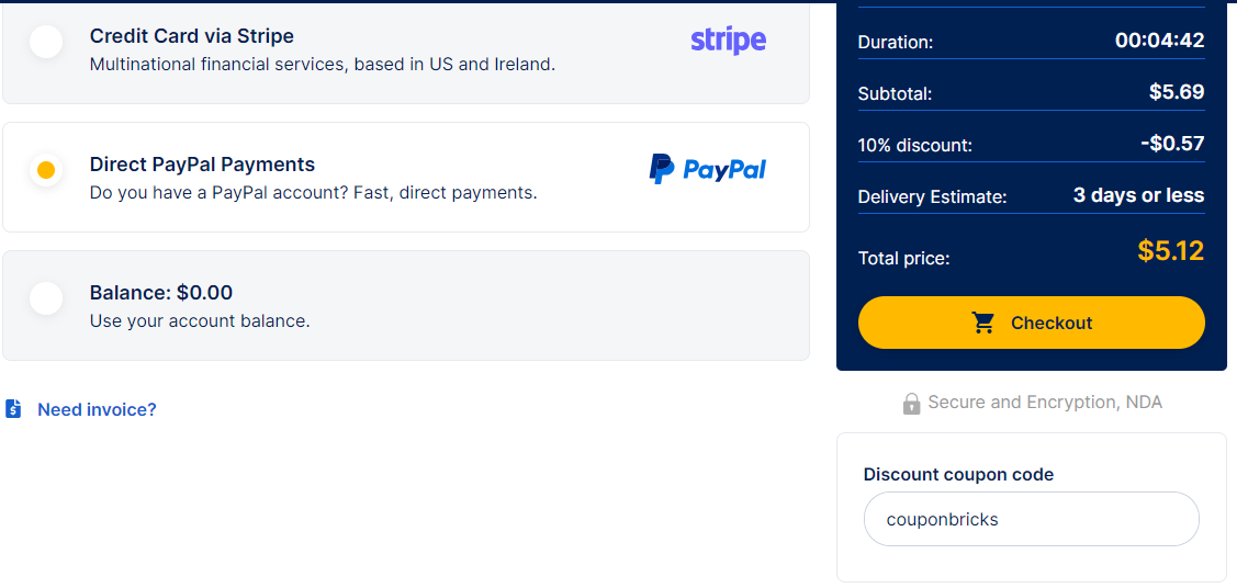 Screenshot of tested coupon for GoTranscript