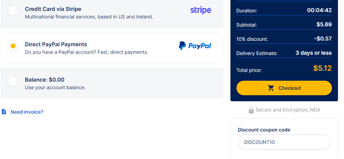 Screenshot of tested coupon for GoTranscript