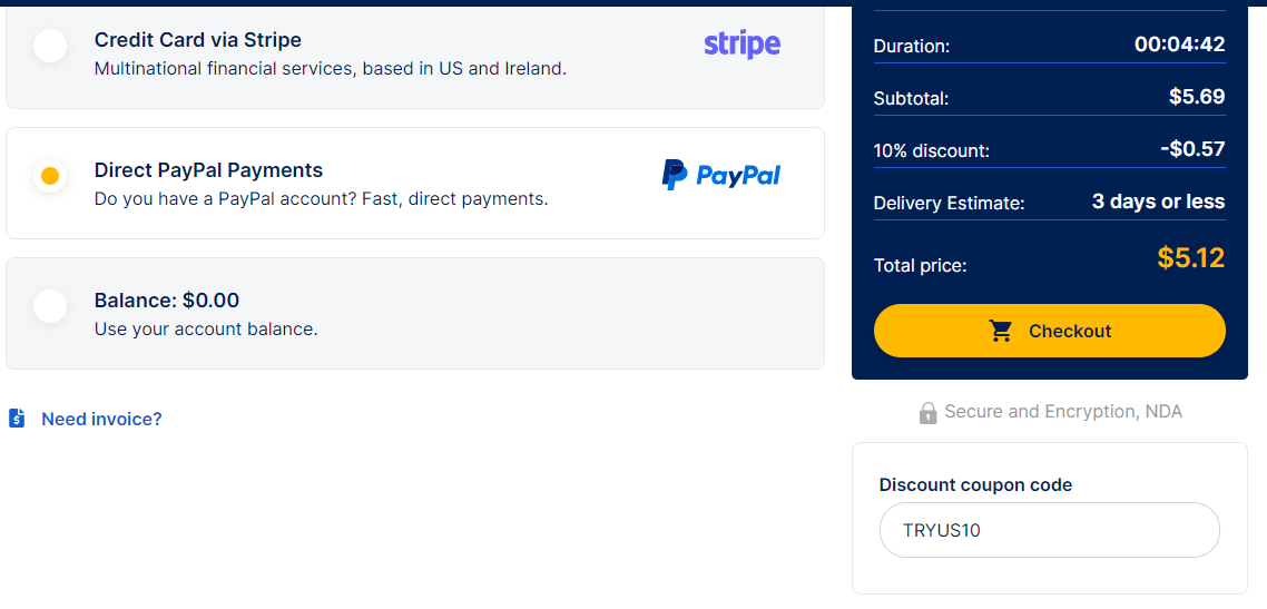 Screenshot of tested coupon for GoTranscript