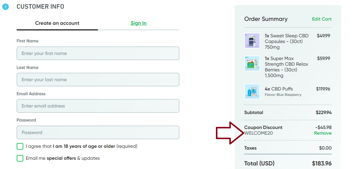 Screenshot of tested coupon for Green Roads CBD