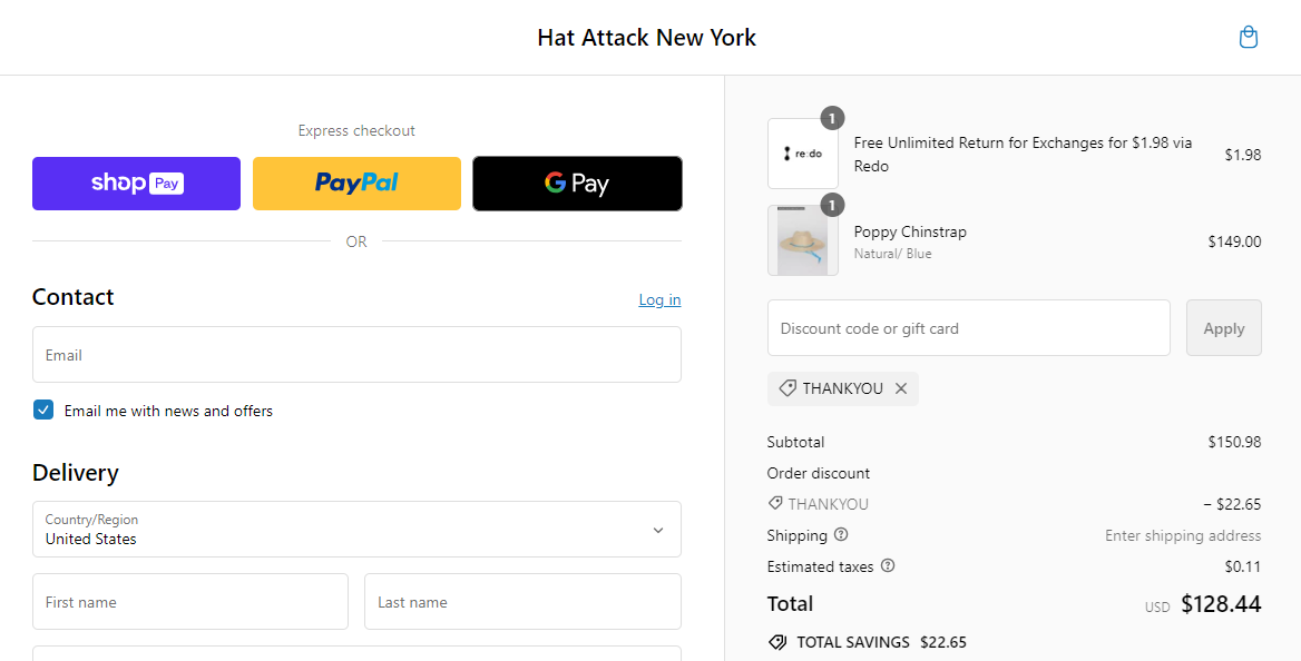 Screenshot of tested coupon for Hat Attack