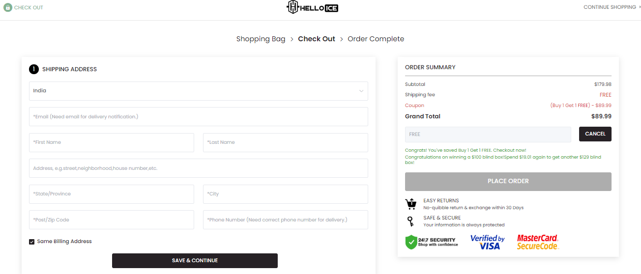 Screenshot of tested coupon for Helloice