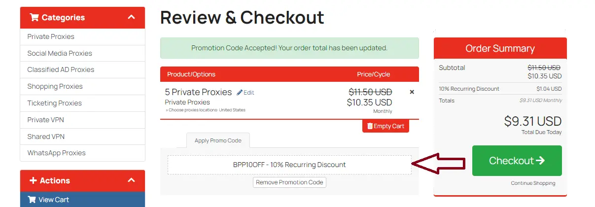 Screenshot of tested coupon for High Proxies