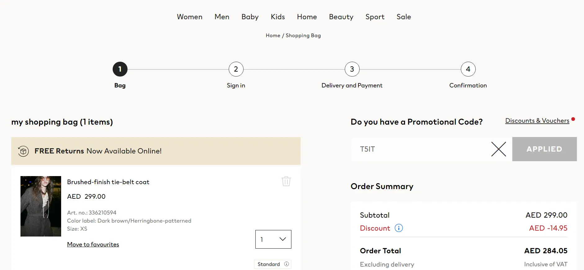 Screenshot of tested coupon for H&M