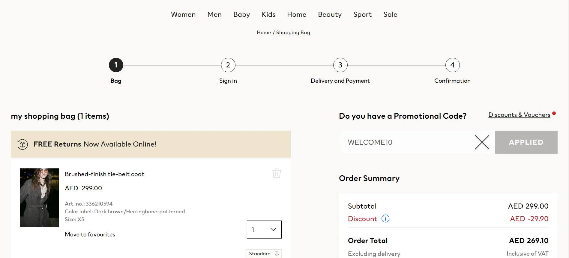 Screenshot of tested coupon for H&M