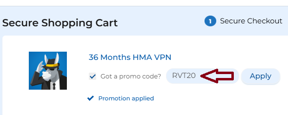 Screenshot of tested coupon for HMA VPN