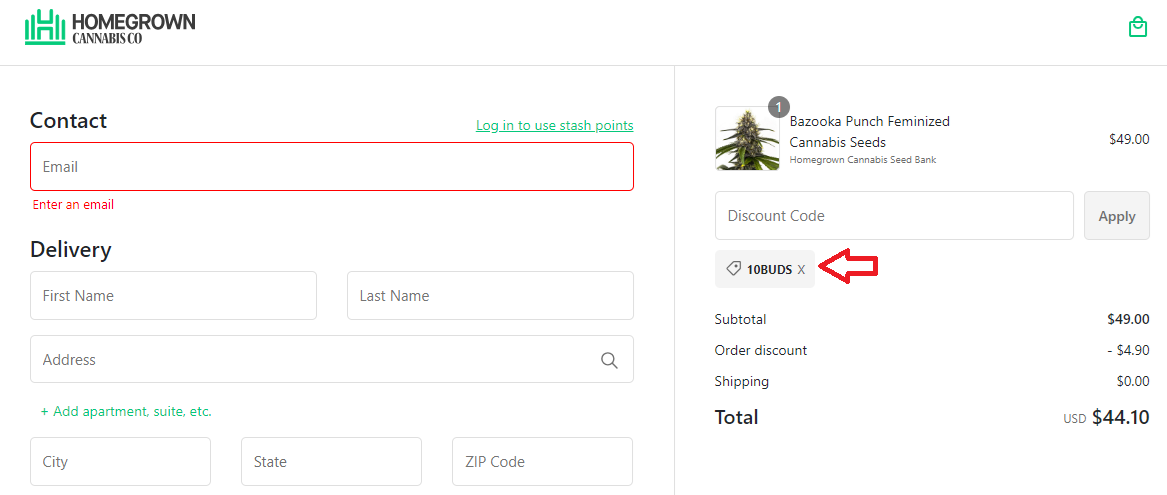 Screenshot of tested coupon for Homegrown Cannabis Co