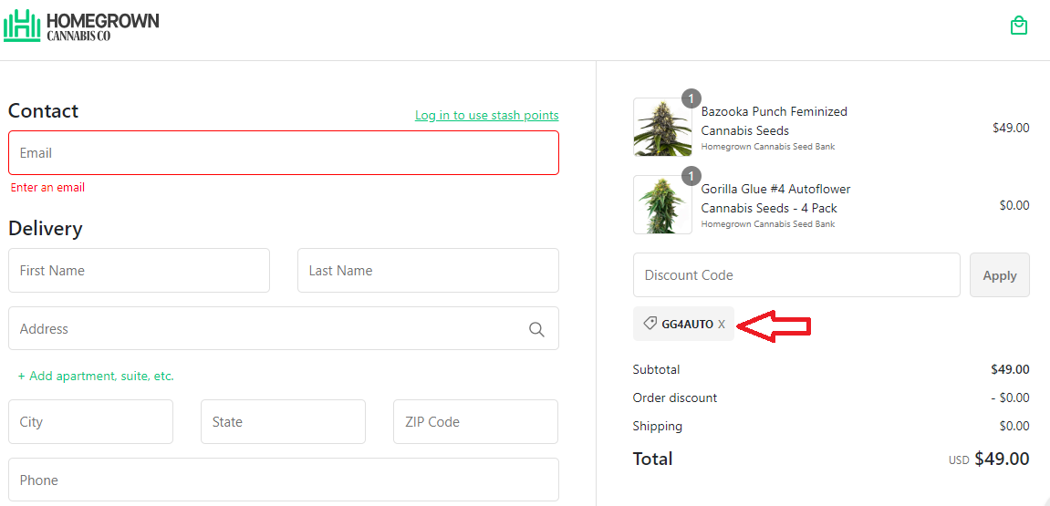 Screenshot of tested coupon for Homegrown Cannabis Co