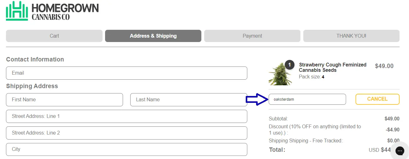 Screenshot of tested coupon for Homegrown Cannabis Co