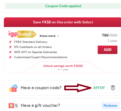 Screenshot of tested coupon for IGP