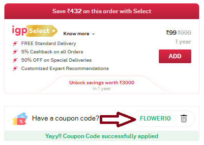 Screenshot of tested coupon for IGP