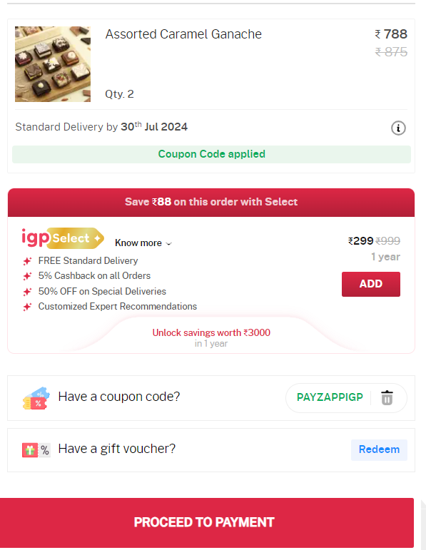 Screenshot of tested coupon for IGP