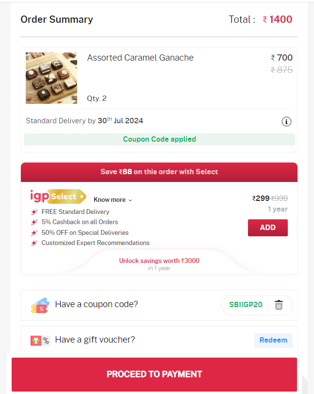 Screenshot of tested coupon for IGP