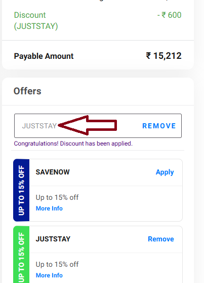 Screenshot of tested coupon for IndiGo 6e Hotels