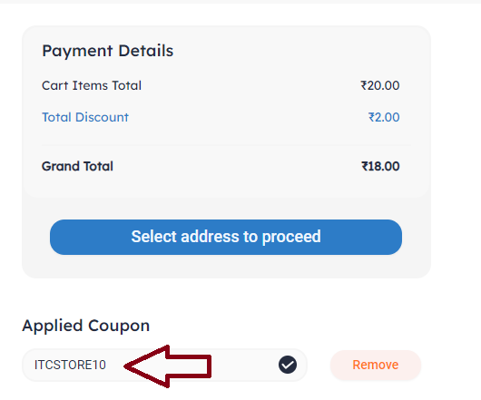 Screenshot of tested coupon for ITC Store