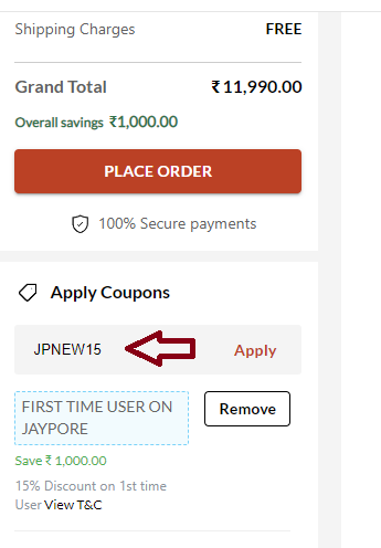 Screenshot of tested coupon for Jaypore