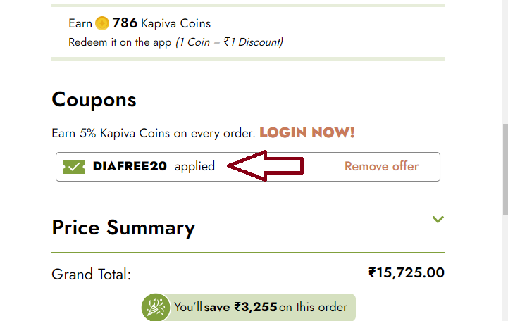 Screenshot of tested coupon for Kapiva