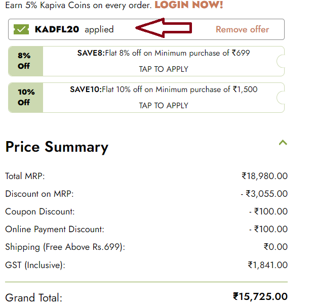 Screenshot of tested coupon for Kapiva