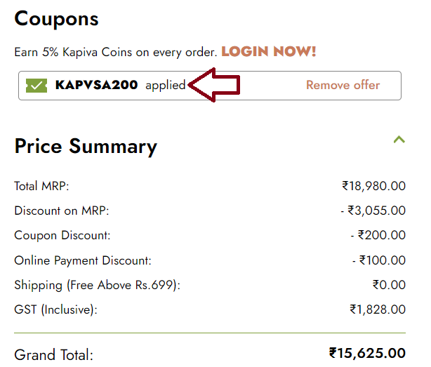 Screenshot of tested coupon for Kapiva