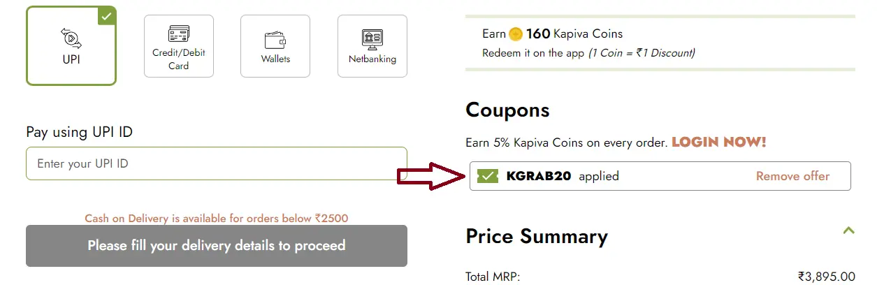 Screenshot of tested coupon for Kapiva