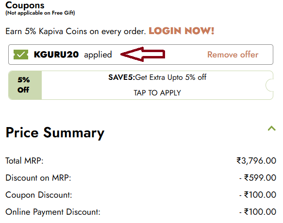 Screenshot of tested coupon for Kapiva