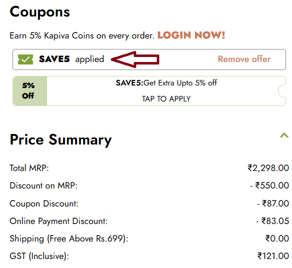 Screenshot of tested coupon for Kapiva