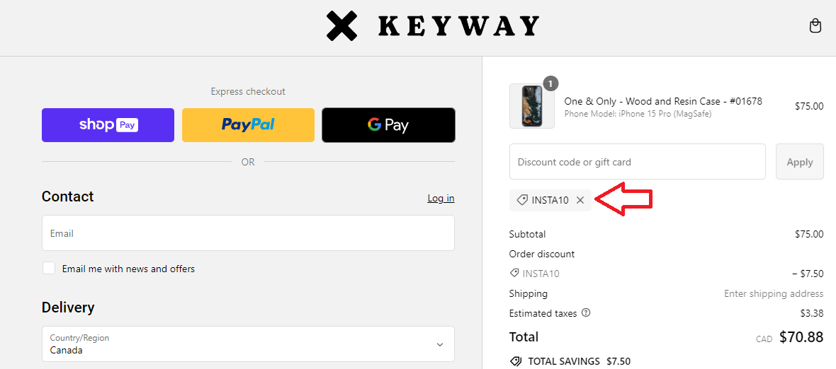 Screenshot of tested coupon for Keyway Designs