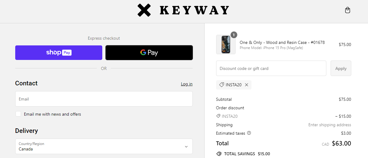 Screenshot of tested coupon for Keyway Designs