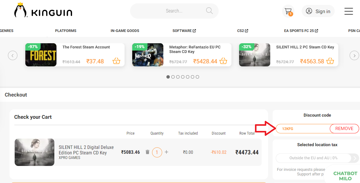 Screenshot of tested coupon for Kinguin