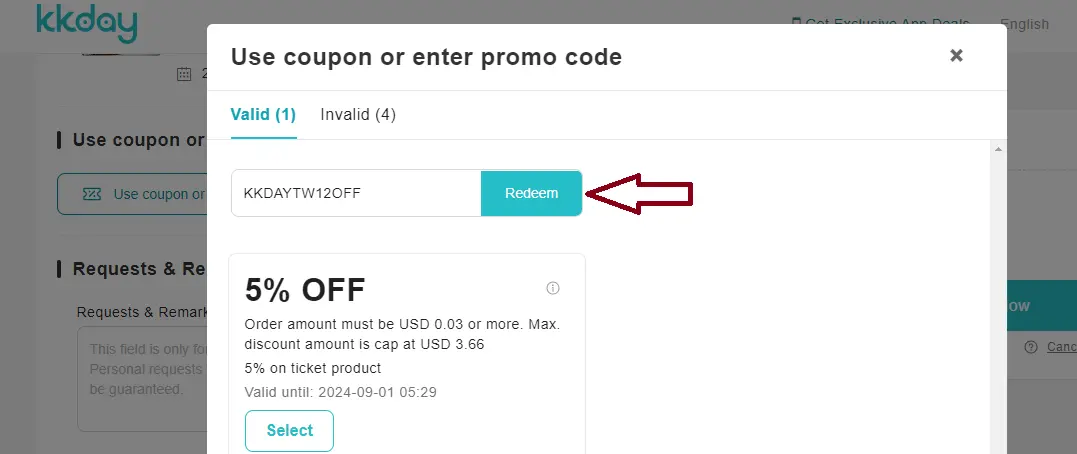 Screenshot of tested coupon for KKDay