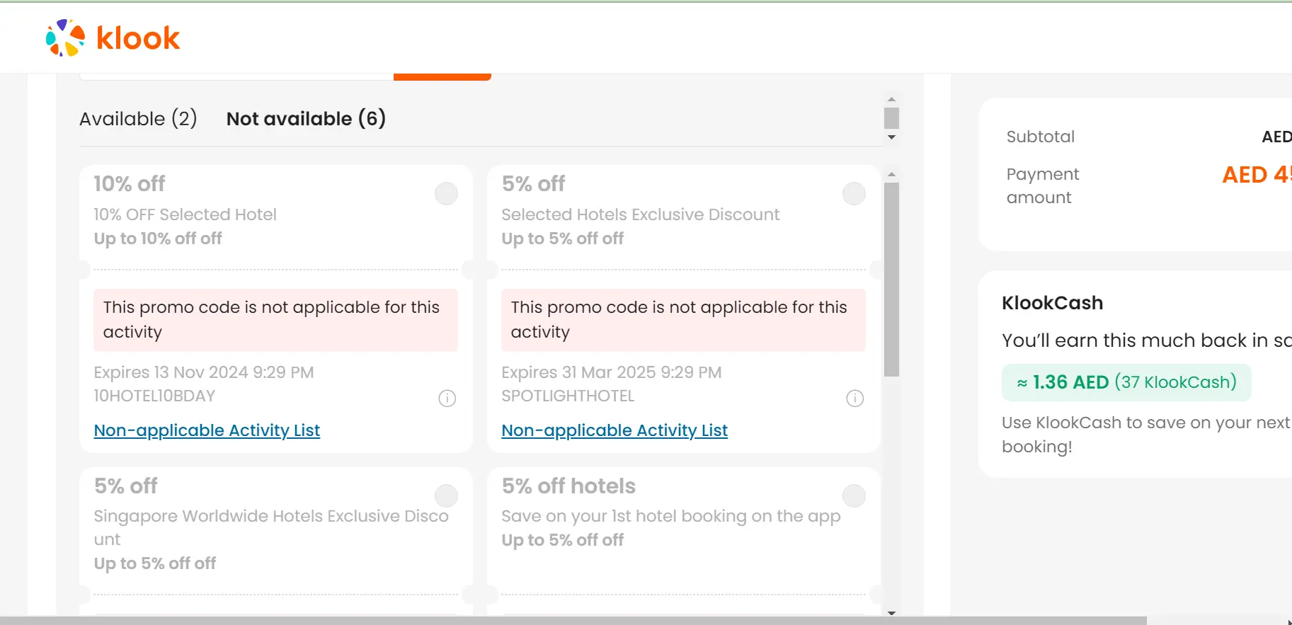 Screenshot of tested coupon for Klook