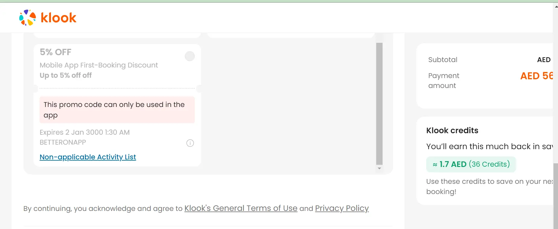 Screenshot of tested coupon for Klook