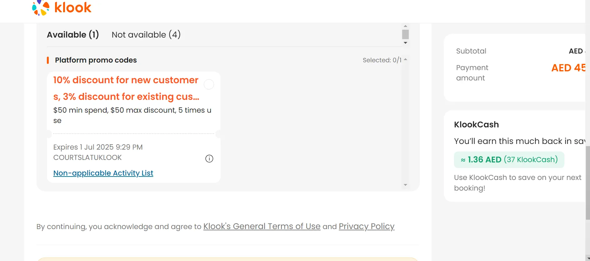 Screenshot of tested coupon for Klook