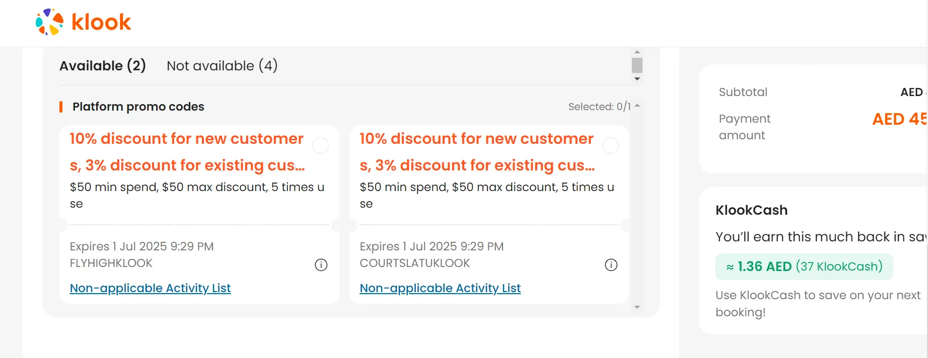 Screenshot of tested coupon for Klook