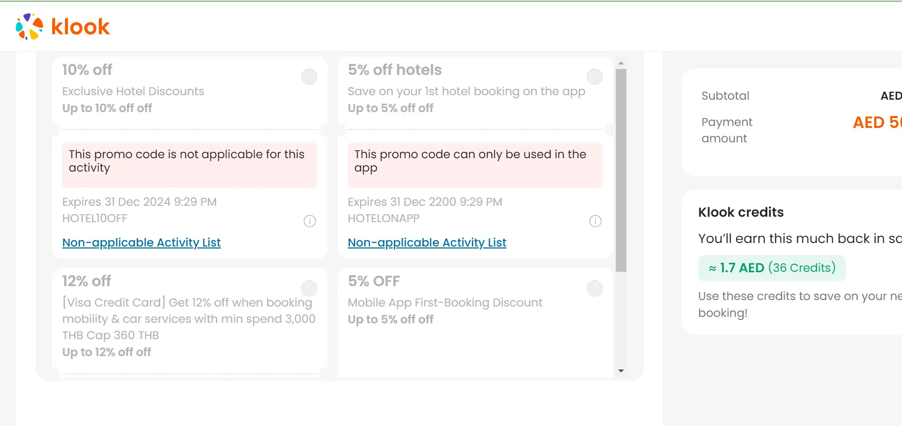 Screenshot of tested coupon for Klook